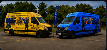 Blue and yellow vans together
